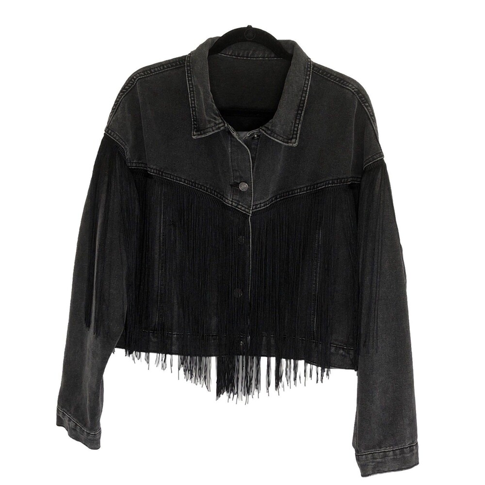 Black Denim Jeans Western Motorcycle Long Fringe Short Cut Jacket L Shein